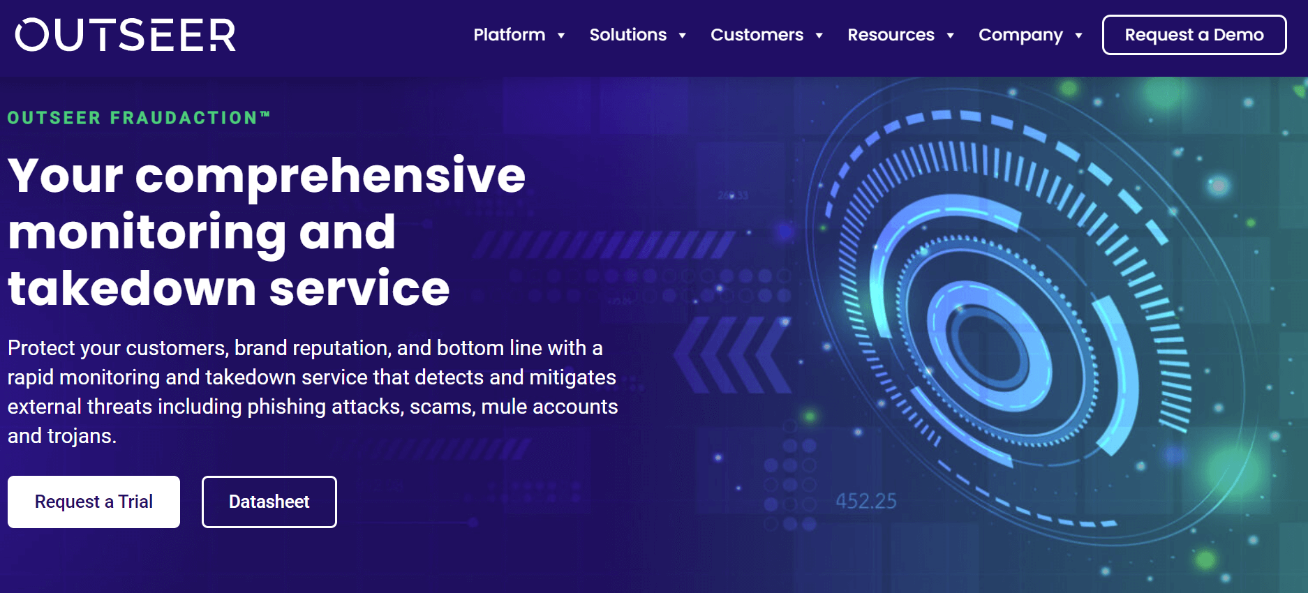 Outseer homepage hero highlighting fraud monitoring and phishing site takedown service for brand and customer protection