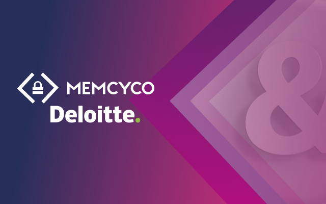 Logos of Memcyco and Deloitte are displayed on a purple and pink gradient background with geometric shapes featured on the right side.