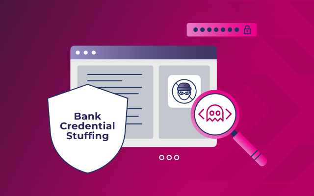 Illustration of a browser window with hacker and ghost icons, a shield labeled "Bank Credential Stuffing," and a magnifying glass, highlighting cybersecurity threats like bank credential stuffing attacks.