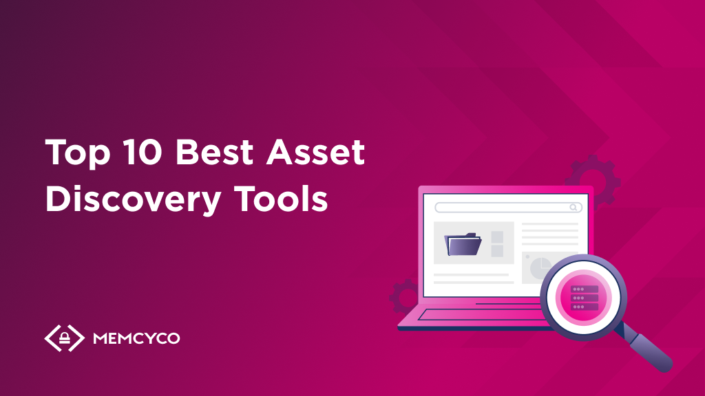 A graphic featuring the text "Top 10 Best Asset Discovery Tools" beside an illustration of a laptop and magnifying glass, highlighting leading Asset Discovery Tools, with the Memcyco logo at the bottom.