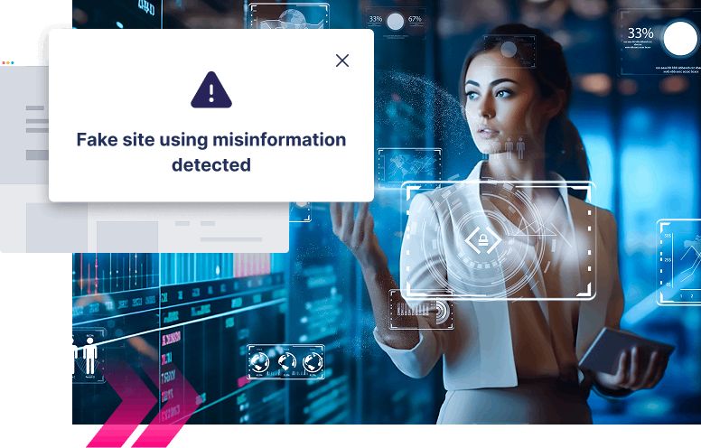 Woman interacts with digital interface; a pop-up message reads "Fake site using misinformation detected," highlighting advanced Digital Impersonation protection.